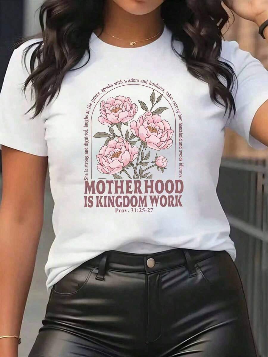 Nuevas llegadas para el verano. Camiseta de mujer con diseño floral "La maternidad es un trabajo de reino" y estampado de versículos bíblicos, cuello redondo, suave y cómoda para uso diario, ideal para festivales. Blusa, camisa > Hermosa. - Blanco - Ver 1