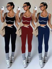 Dewbera Conjunto deportivo de mujer de dos piezas con bloques de color sin costuras, malla de yoga, conjunto de fitness, conjunto de entrenamiento de dos piezas, conjunto activo de dos piezas, conjunto deportivo negro de dos piezas - Multicolor - Ver 9