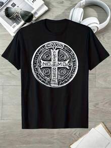 T-Shirt With Cross And Saint Benedict Medal - Men's Casual Cotton T-Shirt With An Exquisite Religious Design, The Perfect Gift For Father, Mother, Friends Or Any Person Of Faith. - 黑色 - 查看 1