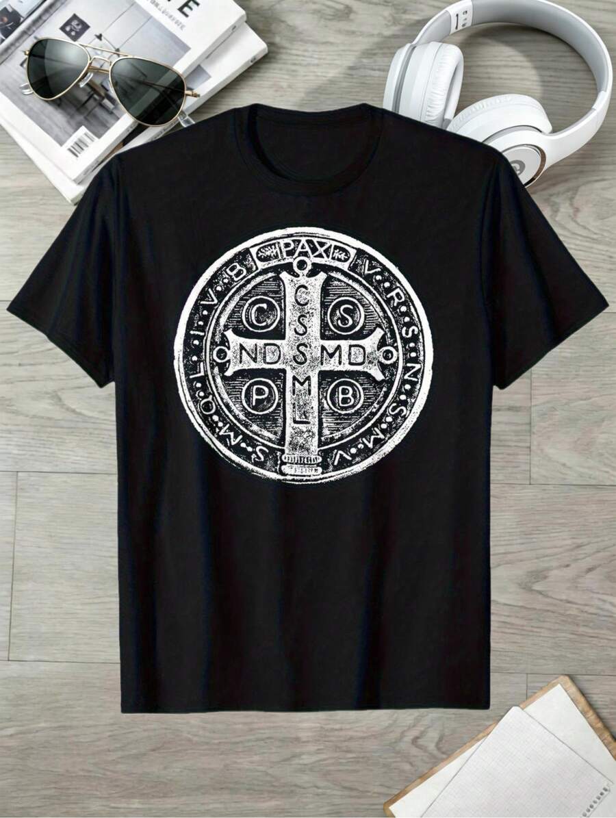 T-Shirt With Cross And Saint Benedict Medal - Men's Casual Cotton T-Shirt With An Exquisite Religious Design, The Perfect Gift For Father, Mother, Friends Or Any Person Of Faith. - 黑色 - 查看 1