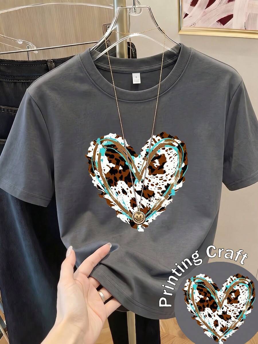 Impala Women's Short-Sleeved Printed T-Shirt, Spring Clothing, Holiday Outfit, White For Summer, Beach Look, Vacation Style, Country Style, Women's Office Outfit. - 深灰色 - 查看 1