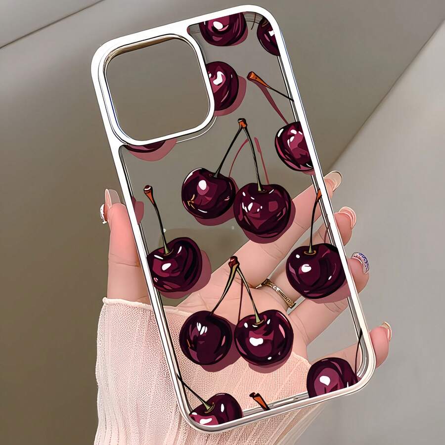 1pc Electroplated Transparent Minimalist Lens Protection Anti-Fall Anti-Collision Full Screen Black Purple Cherry Shadow Pattern Phone Case, Personalized For IPhone 16 Pro Max, 17/16/15/14 Plus/13/12/11, Air - Multicolor - View 1