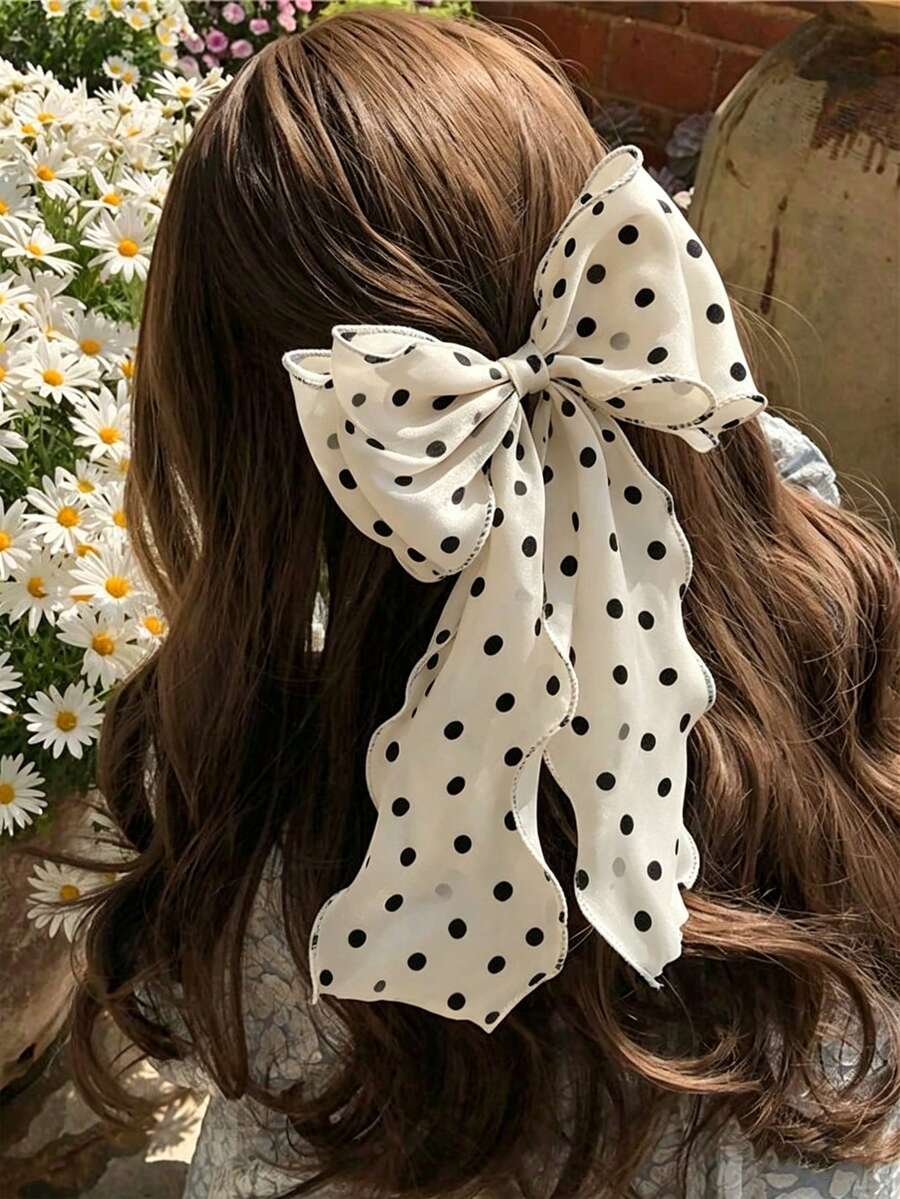 1個女用特大號黑白波點圖案絲綢緞面25cm/9.84in蝴蝶結髮圈髮夾，時尚百搭優雅極簡風純色髮飾，適合日常出遊、休閒、派對、通勤、度假、洗臉、化妝、穿搭，髮爪髮夾 - 黑與白 - 查看 1