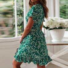 Women's Bohemian Floral Print Ruffle Dress, Sexy Chiffon Mini Dress With V-Neck And Short Sleeves, For Beach Vacation, 2022 - 黑色 - 查看 7