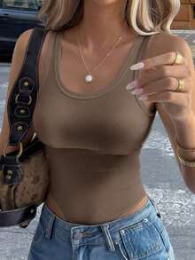 Mono de lunares acanalado sexy estilo Y2K, top ajustado sin mangas de cuello en U, mono acanalado de lunares estilo retro americano - Camel - Ver 6