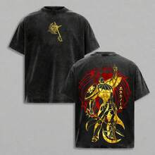 Oversized Escanor T-Shirt From Seven Deadly Sins With Retro Pride Sin Graphic, Thick Cotton, Unisex, Vintage Washed Style, Crew Neck, Anime Streetwear, Casual Everyday Fashion, Perfect Gift For Seven Deadly Sins Fans GCH1 - 黑色 - 查看 1