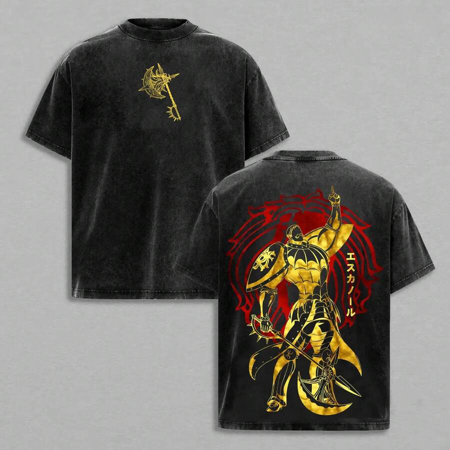 Oversized Escanor T-Shirt From Seven Deadly Sins With Retro Pride Sin Graphic, Thick Cotton, Unisex, Vintage Washed Style, Crew Neck, Anime Streetwear, Casual Everyday Fashion, Perfect Gift For Seven Deadly Sins Fans GCH1 - 黑色 - 查看 1