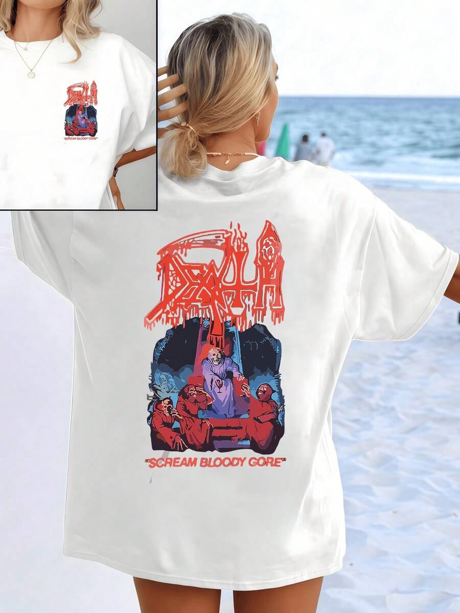 Hooded Skulls Surrounding A Red Altar Symbolize Darkness And Inner Strength, Contrasting With A Mystical Background That Evokes Mystery And Powerful Energy. Women's T-Shirt With Double-Sided Print, Front And Back, Casual And Modern Style. - 白色 - 查看 1