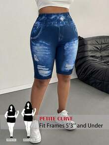 Leggings básicos de color liso para mujer de talla grande, apropiados para shorts de verano hasta la mitad del muslo, adecuados para personas de estatura talla grande baja, leggings de cintura alta, para uso diario, ocio, deportes, vera - Azul y blanco - Ver 1