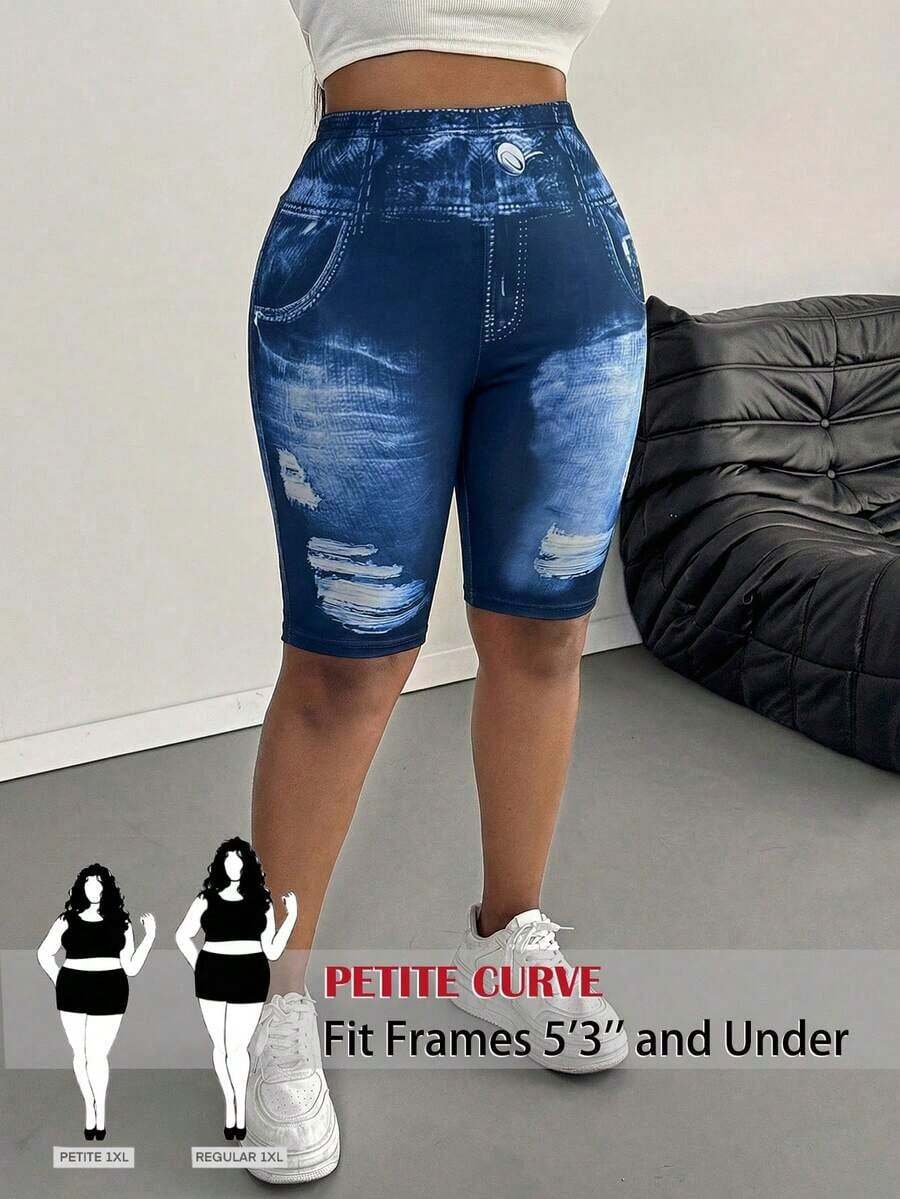 Leggings básicos de color liso para mujer de talla grande, apropiados para shorts de verano hasta la mitad del muslo, adecuados para personas de estatura talla grande baja, leggings de cintura alta, para uso diario, ocio, deportes, vera - Azul y blanco - Ver 1