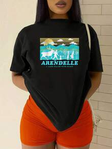 Landscape With Golden Mountains, Figures Walking Alongside A Deer, And A Blue Sky That Conveys Adventure And Fantasy. Comfortable And Soft Women's T-Shirt, Ideal For Everyday Wear And To Combine With Jeans Or Skirts. - 黑色 - 查看 2
