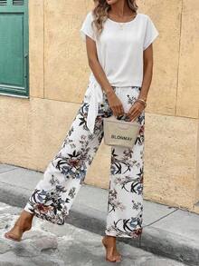 Conjunto de 2 piezas de blusa con corbata de moño y pantalones de pierna recta para mujer - Blanco - Ver 3