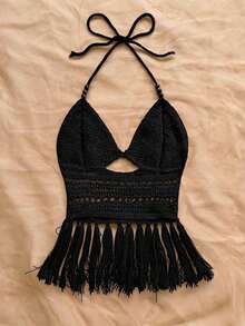 Top de punto con cuello de halter, bajo con flecos y cuentas para mujer, adecuada para vacaciones, citas, té de la tarde, playa, crucero, viaje a la ciudad, temporada de bodas, festival de música, vacaciones bohemias - Negro - Ver 2