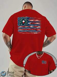 American Flag And Fish Print Short-Sleeve T-Shirt Featuring A Design That Combines The American Flag With Fishing Elements. Suitable For Outdoor Fishi - 紅色 - 查看 12