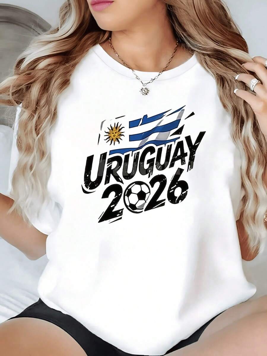 Uruguayan Flag Waving Next To A Ball Symbolizing National Pride And Passion For Uruguayan Football On The Road To 2026. Women's Casual T-Shirt, Modern, Comfortable And Cool - 白色 - 查看 1
