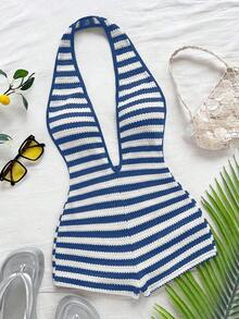 Body sexy de punto blanco con textura y patrón ondulado, escote en V profundo y espalda descubierta para mujer, elegante y ajustado, adecuado para fiestas, citas, té de la tarde, vacaciones boho, playa, atuendo de verano. - Azul - Ver 1