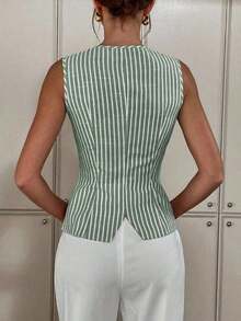 Camiseta de tirantes de verano informal con botones delanteros a rayas para uso diario de mujeres - Verde Oscuro - Ver 3