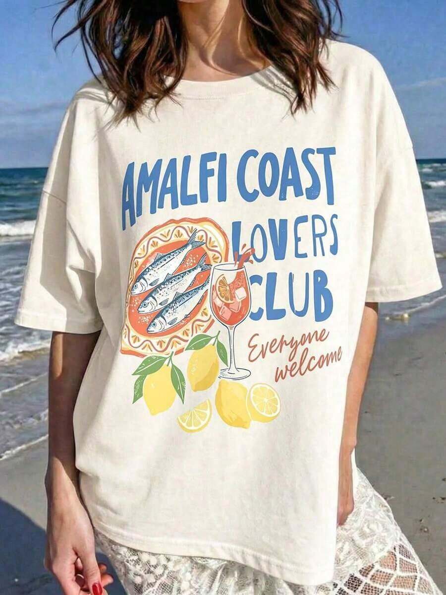 Women's Amalfi Coast Print Short Sleeve T-Shirt, Italian Vacation Style, Seafood And Lemon Cocktail Design, Casual Top, Loose Fit, Slimming Effect, Comfortable, Breathable, Retro American Style, Perfect For Beach Holidays/Summer Strolls/Yacht Trips/Girls' Night Out/Commuting/Music Festivals/Summer Wear. C9E3 - 白色的 - 查看 1