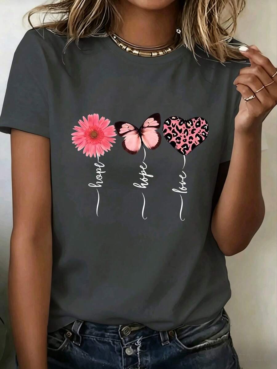 Playera Casual Mujer "Hope & Love" - Gris con Estampado de Girasol, Mariposa y Corazón de Leopardo Rosa