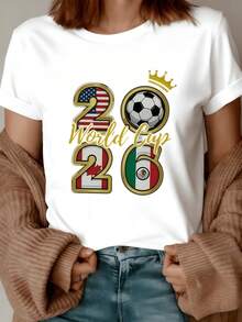 Flags Of The United States, Canada, And Mexico Alongside A Soccer Ball Symbolizing Unity, Passion, And Celebration On The Road To The 2026 World Cup. Women's Casual, Comfortable, And Modern T-Shirt - 白色 - 查看 8