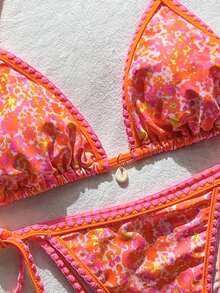 Conjunto de bikini de 2 piezas para mujer de verano con tela jacquard de unicolor, volantes en el borde y tirantes ajustables - Multicolor 2 - Ver 3