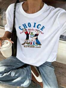 Women's White T-Shirt With Round Neck, Short Sleeves, Cartoon Couple Print With "Choice" Text And Details, Retro Style, Ideal For Daily, Casual, Summer Wear, Cotton - 白色的 - 查看 1
