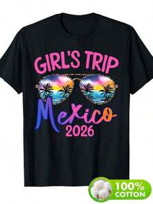 Plus Size Women's Clothing, Mexico 2026 Travel Commemorative T-Shirt - 100% Cotton Short Sleeve T-Shirt With Mexican Travel Theme Pattern, Casual Vacation Style, Suitable For Travel Wear, Christmas Gifts And Daily Wear - Soft And Durable Fabric (Group Vacation Choice) - 黑色 - 查看 6