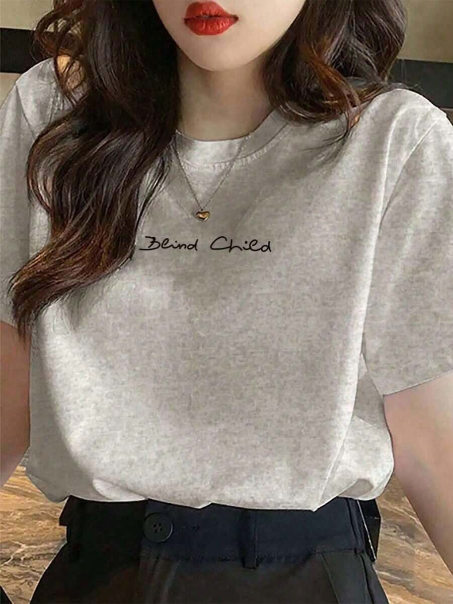 Hecho en Japón, Camiseta de Manga Corta de Algodón para Primavera/Verano, Cuello Redondo, Holgada, Versátil, con Estampado de Letras Inglesas Simples - Gris Claro - Ver 1