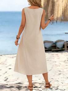 Vestido largo de verano de mujer con cuello en V sin mangas y hebilla circular de unicolor, vestido casual de verano, vestido de playa casual, vestidos de verano para mujer, atuendos de verano para mujer, vestidos casuales para mujer, vestidos de - Caqui - Ver 2
