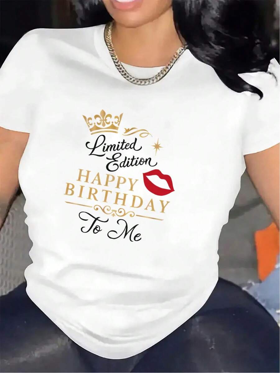 Birthday Celebration T-Shirt | Durable And Lightweight Fabric, Comfortable Fit, Festive Design With Crown And Lips Print, Suitable For Parties And Gatherings, Fashionable Women's Clothing, Round Neck, Slightly Stretchy Women's T-Shirts. - 白色 - 查看 1