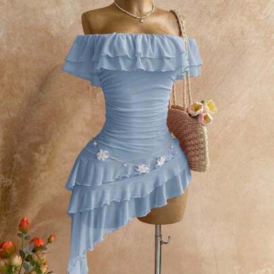 Spring & Summer Vacation Knit Mesh Strapless Fitted Tiered Ruffle Asymmetric Hem Dress, Suitable For Garden Party, Tea Party, Flower Arranging, Date, Bohemian, Boho, Vacation,Summer Dresses For Women - Celeste - Ver 1