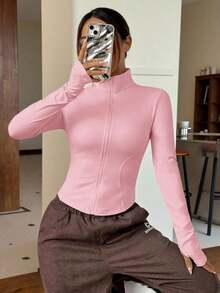 Chaqueta de manga larga de punto ajustada con protección solar para mujer en otoño/invierno, color albaricoque - Rosa - Ver 5