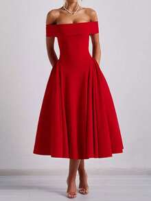 Spring 2026 Maxi Dress, Solid Color With Off-The-Shoulder Design, Elegantly Sensual Style - Red - View 4