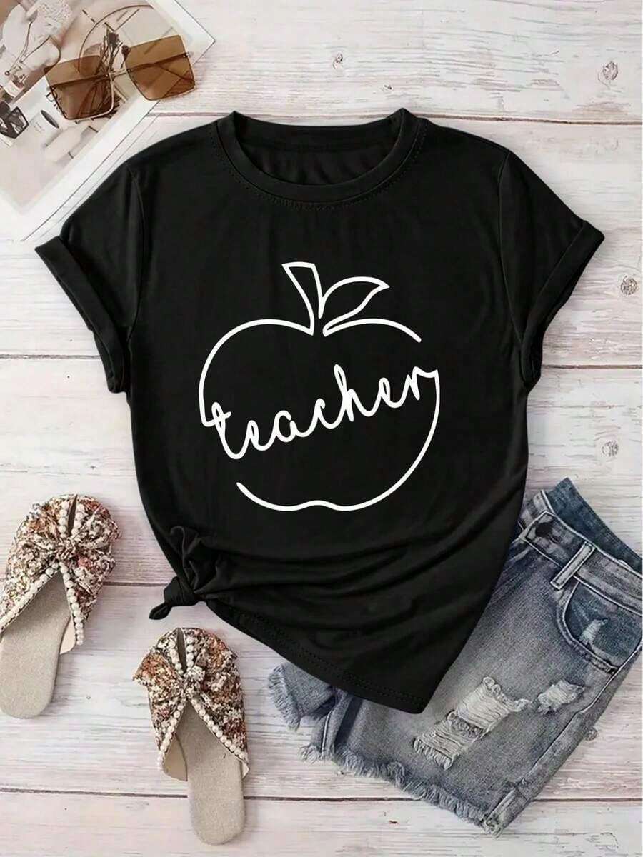 [Recomendación de Nueva Llegada] Camiseta Estampada con Patrón de Manzanas, Casual para Mujer, Vacaciones, Manga Corta, Cuello Redondo, Primavera/Verano, Lavable a Máquina, Ropa Nueva para Mujer, Versátil para Uso Urbano, Deportiva - Corte Holgado Unisex - Camiseta de Algodón Estilo Vintage Urbano - Adecuada para primavera, verano y otoño - Negro - Ver 1