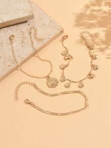 3 pièces/set Bracelet de cheville style vacances à la plage avec pendentif coquillage, accessoires de bijoux de pied chaîne dorée à la mode, convient pour le port quotidien, les vacances d'été, les sorties, les fêtes, les festivals de musique - Doré - Voir 3