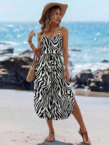 Vestido midi sin mangas con efecto tie-dye, con cintura ajustable y abertura, para el verano - Multicolor - Ver 5