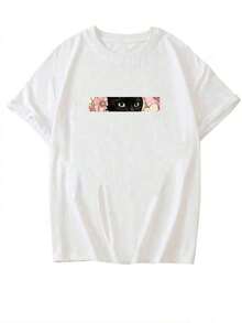 Nueva camiseta de manga corta de verano con cuello redondo, estampado de flores y gato negro, teñida anudada, de estilo casual y versátil para mujeres - Blanco - Ver 5