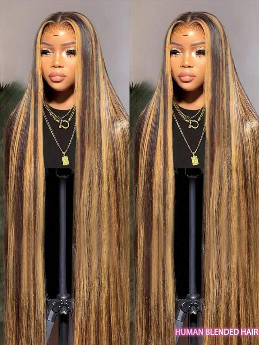 Hightlight 4/27 Wig Human Frontal Hair 200% Density 13X4 HD Lace Front Wigs Pre Plucked HD Lace Front Wig 5x5 Wear And Go Glueless Pre Cut Lace For Women Straight Wigs Bone Straight Blended Hair With Baby Hair 28Inch
