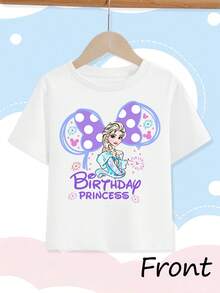 [Authorized] Frozen Princess Elsa Print Disney Girl's Summer Round Neck Casual T-Shirt For Children, Slightly Stretchy Fabric, Suitable For Birthday Gifts, Perfect For Daily Activities, Sports, And Travel, Summer T-Shirt For Girls - trắng - Xem 2