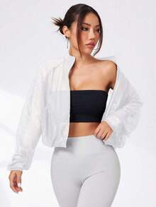 Chaqueta De Cuello Alto Deportiva Para Mujer Con Malla Transparente Y Bolsillos, Chaqueta Deportiva De Manga Larga Para Correr, Hacer Ejercicio Y Actividades Al Aire Libre - Blanco - Ver 4