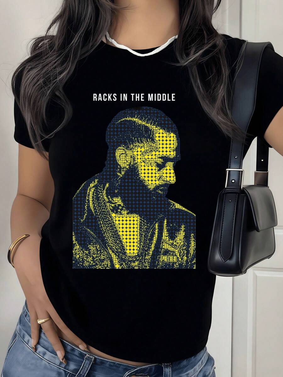 Retrato de silueta masculina compuesta por puntos en tonos azul y amarillo que representa fuerza introspección modernidad y ritmo urbano camiseta de mujer casual contemporánea - Negro - Ver 1