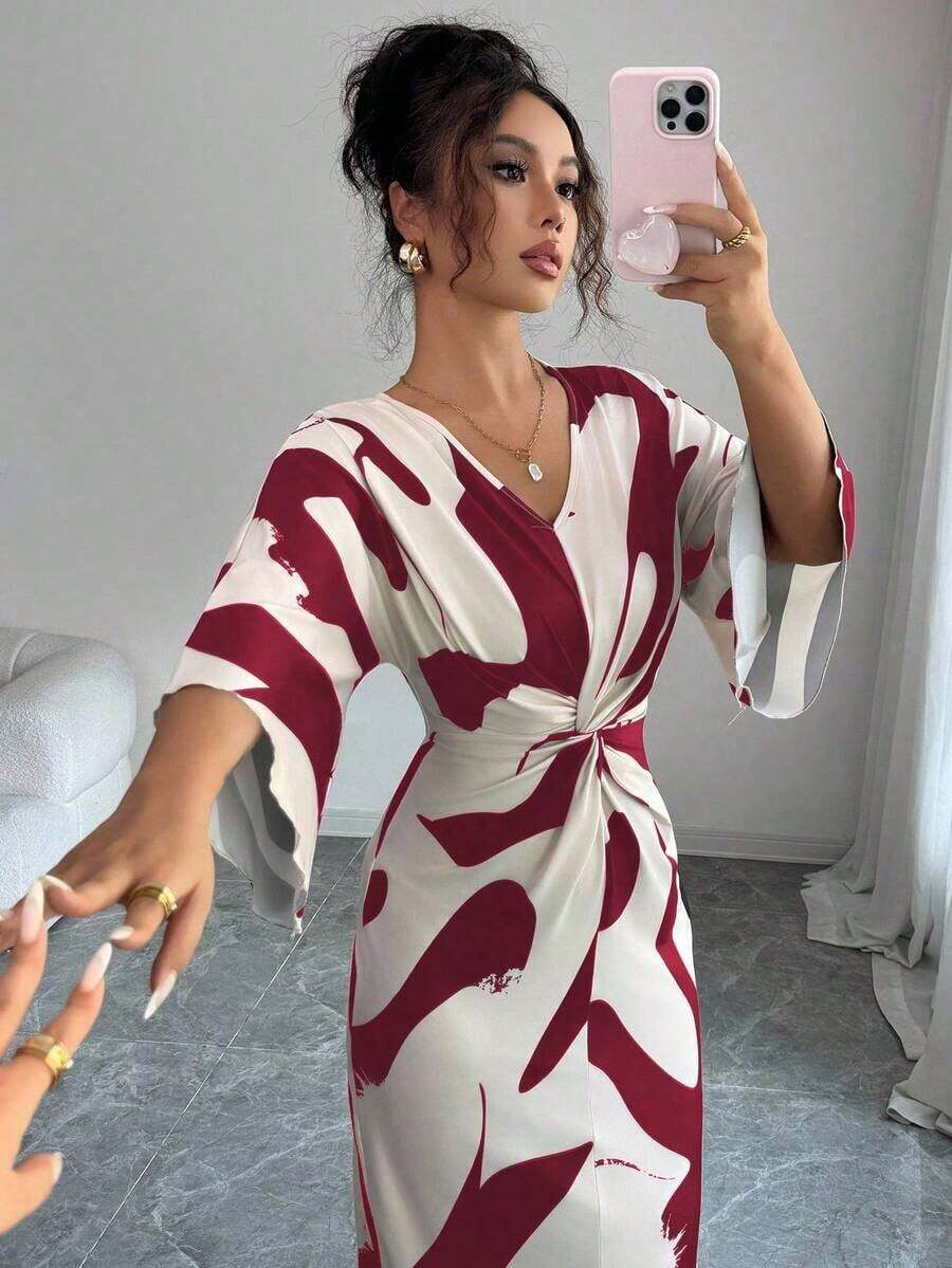 MEXElenzga Vestido midi elegante de moda esencial de otoño para ocasiones como citas, Acción de Gracias y Halloween, con diseño de cuello en V, cintura con efecto de torsión y bajo asimétrico, hecho de tela de seda de leche con estampado digital en color albaricoque, de alta calidad y estiramientoMEX MVO8 - Rojo violeta - Ver 1