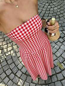 High-Waisted Polka Dot Print Dress, Vacation Style - Aqua Blue - View 7