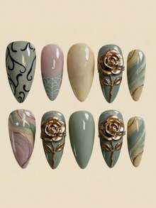 10pcs Gold Rose Decor Fake Nails, Y2K Style Almond Shape Nail Art Supplies - Mint Green - View 2