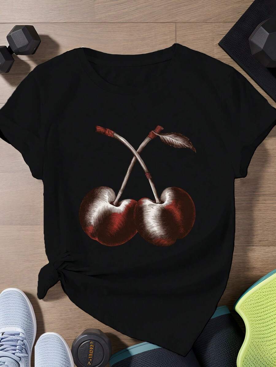Sombreado de dos cerezas entrelazadas Camiseta deportiva de manga corta de talla para mujer - Negro - Ver 1