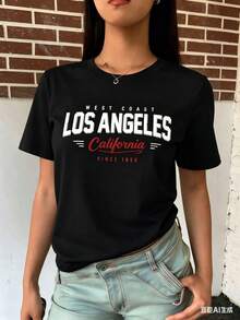 Diseño simple y versátil: Nueva camiseta de manga corta y cuello redondo para mujer, diseñada para el verano, con un estampado de letras simple y moderno, transpirable y absorbente de sudor, disponible en estilo de pareja y como conjunto a juego para parejas. Camiseta de algodón puro - Negro - Ver 7