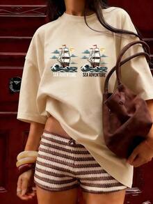 Short-Sleeve T-Shirt With Maritime Adventure Theme, Fashionable Short-Sleeve T-Shirt For Spring And Summer 2026, Made In Mexico, 180 Grams. Cartoon Print, Couple Design, Suitable For Indoor Or Outdoor Wear. Crew Neck, Unisex, Ideal For Office And Leisure. One-Piece Pack. - APR-P631577SLNDXZGY526 - 查看 3