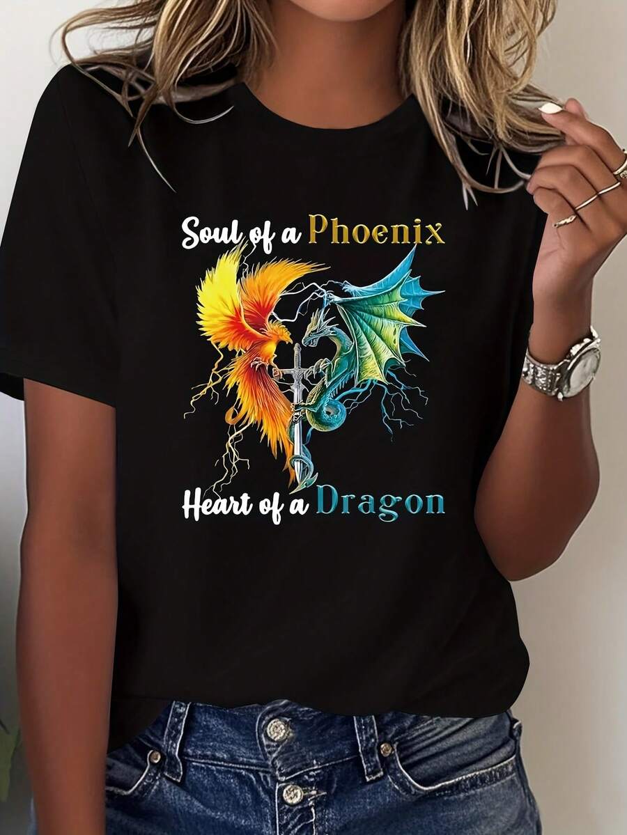 Plus Size - Plus Size - A Stylish And Casual Plus Size Women's Crew Neck T-Shirt, Featuring A 'Phoenix Soul Dragon Heart' Print Design That Embodies A Sense Of Fantasy And Power, Perfect For Spring And Summer - 黑色 - 查看 1