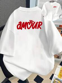180g Cotton Short Sleeve T-Shirt - Short Sleeve T-Shirt With Front And Back Print - AMOUR, French Love - Fashionable Printed T-Shirt For Women, Spring/Summer, Short Sleeve, For All Seasons, Fashion Clothing - Unisex. - 白色 - 查看 1