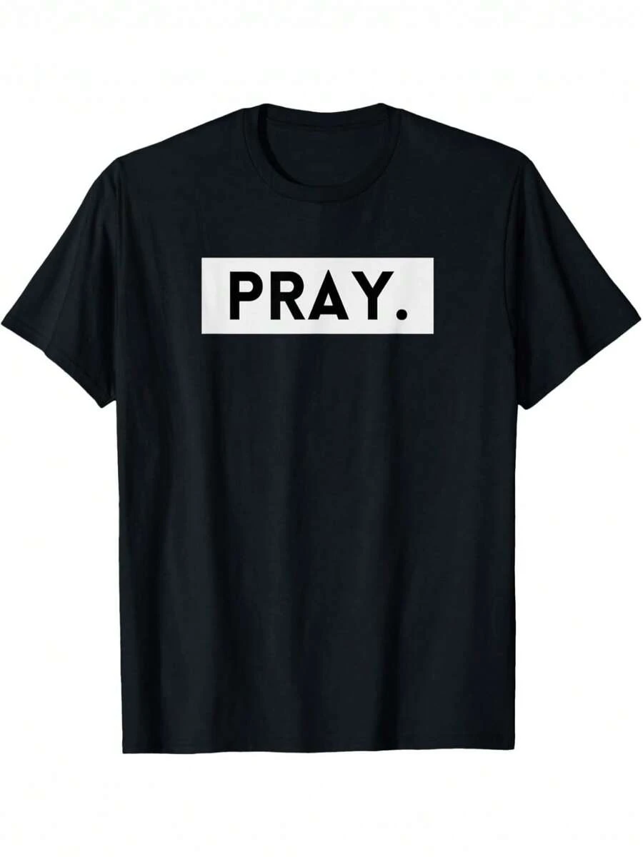 Christian Prayer T-Shirt For Men And Women - Loose Fit Crew Neck Top With Thick, Soft Design And Eye-Catching White PRAY Lettering. Suitable For Casual Church Wear, Machine Washable Spiritual Wear, Fashionable Religious T-Shirt, Jesus T-Shirt, Jesus Saved T-Shirt - 黑色 - 查看 1